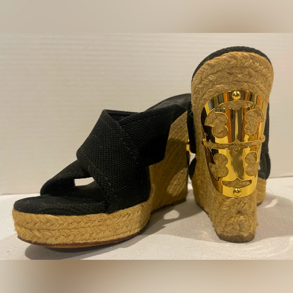 TORY BURCH Kristen Espadrille Platform Wedge Black Tan Gold Sandals Women’s 8